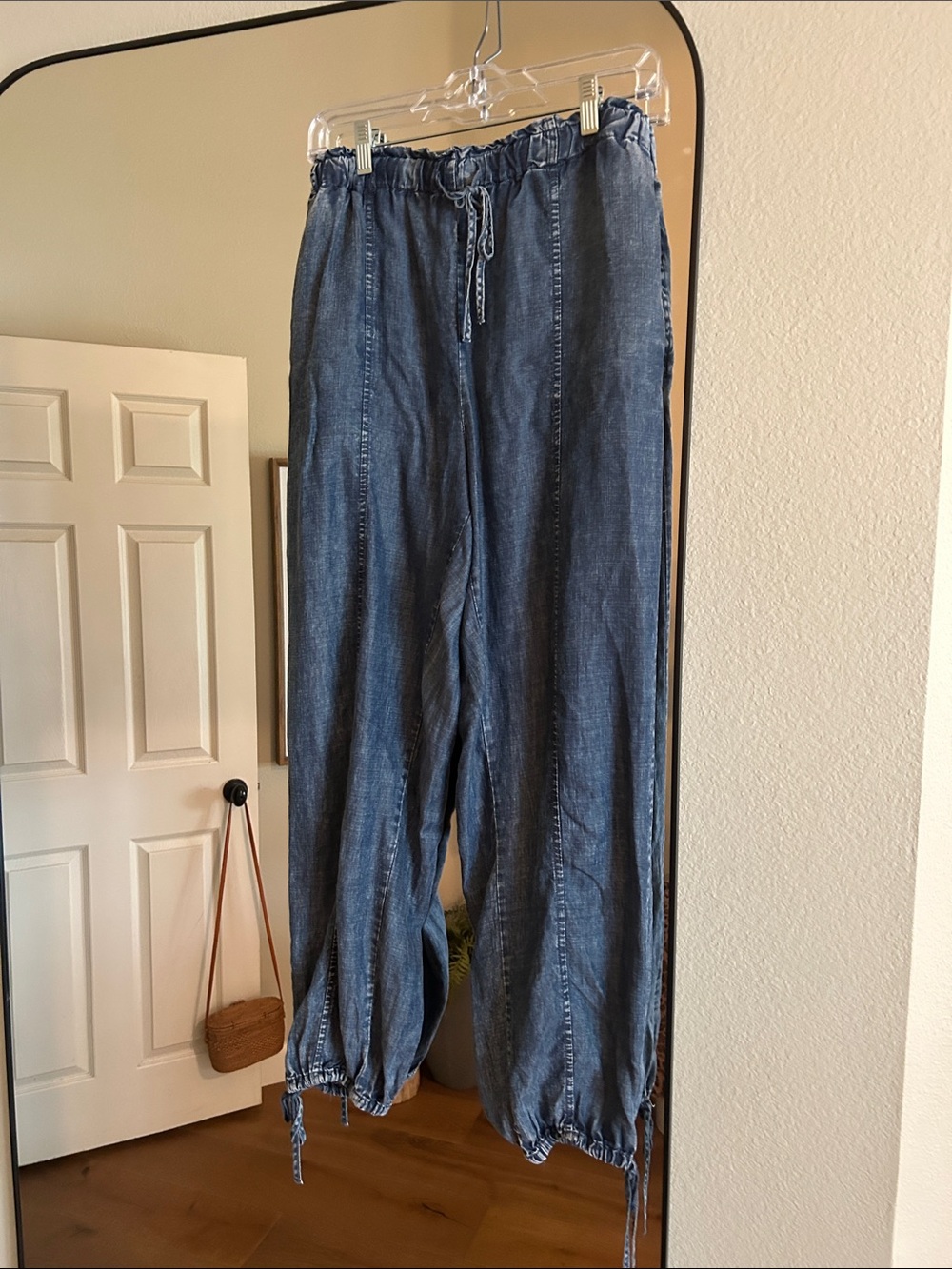 Casual Drawstring Chambray Jogger Pants - Blue